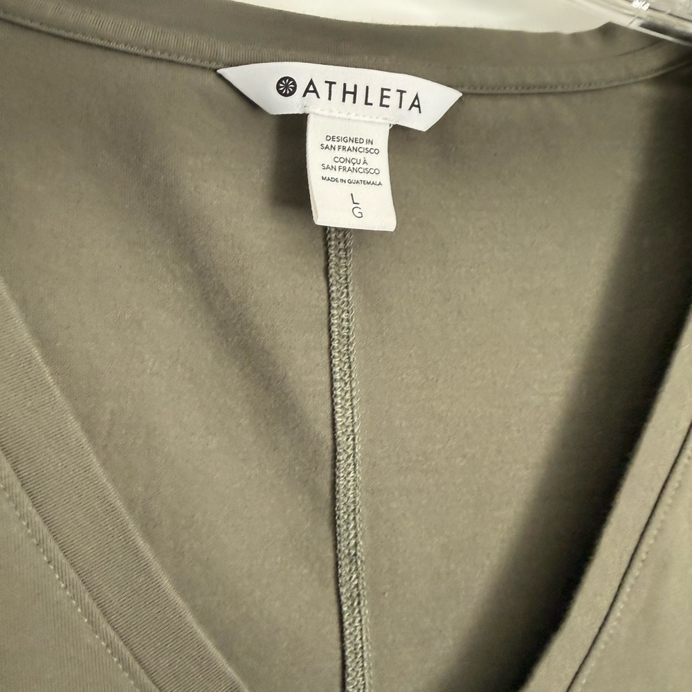 Two Athleta Olive Green V-Neck Tops - Knit Sweater & Long Sleeve Essential Tee L - Picture 9 of 9